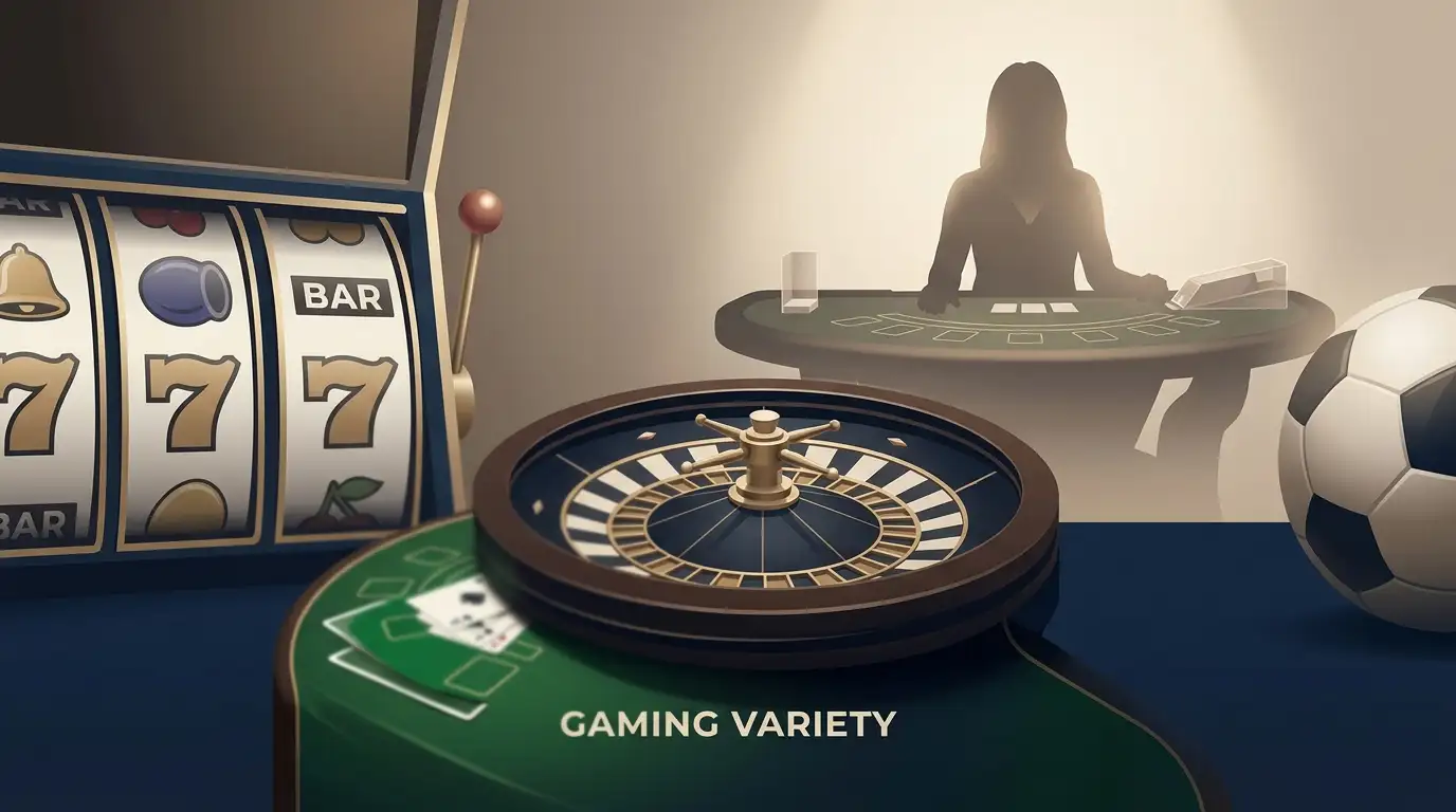 Editorial illustration of generic slot reels, roulette, playing cards, a live dealer table and a sports ball without logos