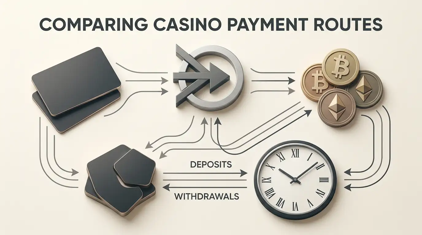 Editorial illustration of generic payment cards, bank transfer symbols, crypto tokens and a clock without trademarks