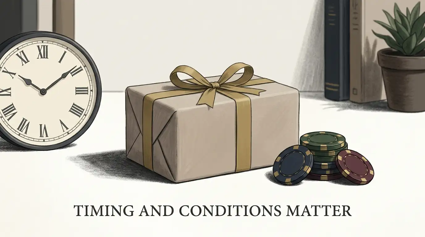 Editorial illustration of a generic gift, casino chips and a clock without promotional numbers or branding