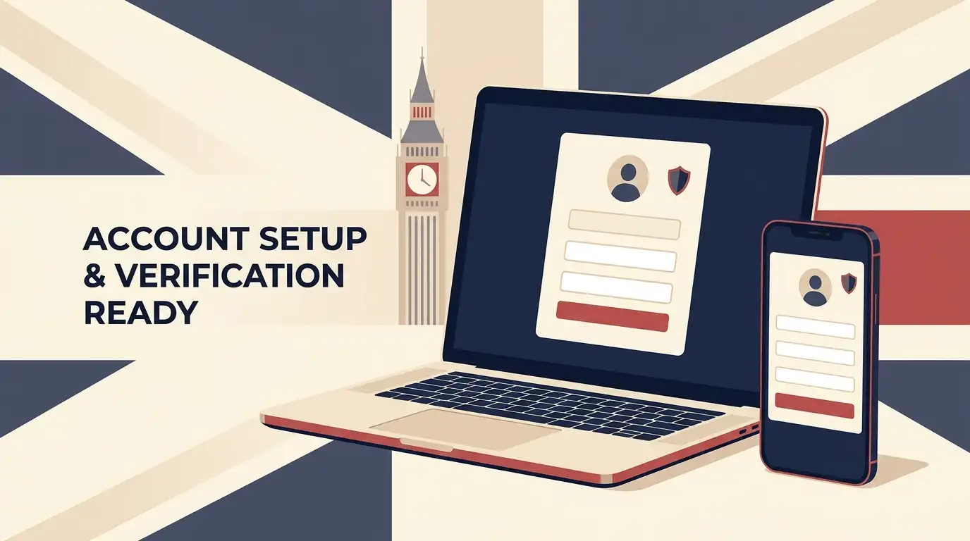 Editorial illustration of a generic account registration form on laptop and phone with blank fields
