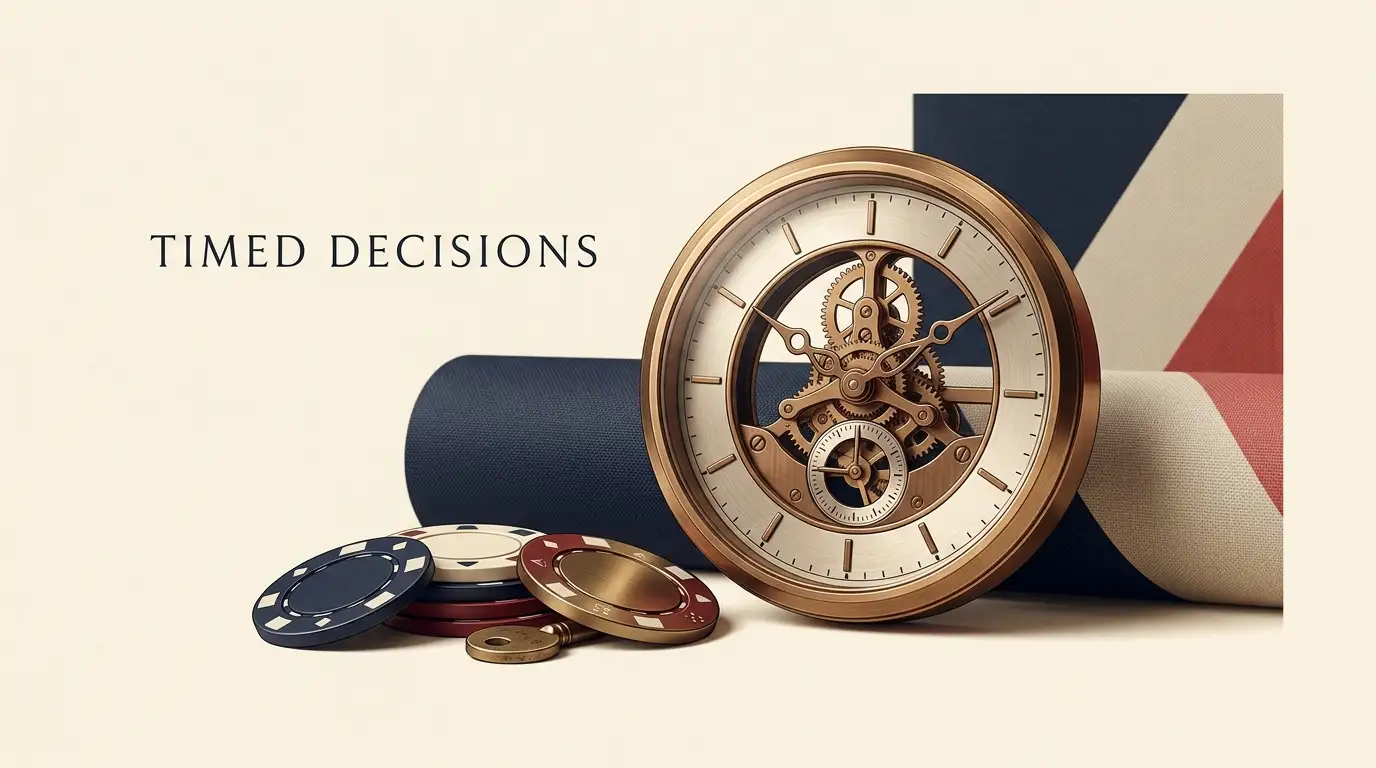 Editorial illustration with a clock motif, casino chips and subtle United Kingdom visual cues